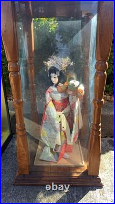 Vintage Japanese Oyama Doll Dojyoji Kimono Geisha Maiko Drum H 18.8in & Case
