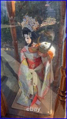 Vintage Japanese Oyama Doll Dojyoji Kimono Geisha Maiko Drum H 18.8in & Case