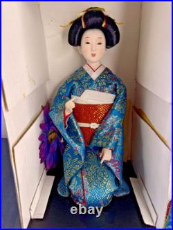 Vintage Japanese Porcelain Face Geisha doll with Koto. 11 Sitting Blue + extras