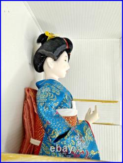 Vintage Japanese Porcelain Face Geisha doll with Koto. 11 Sitting Blue + extras