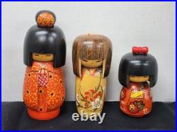 Vintage Japanese Sosaku Kokeshi Doll Lot Set of 3 Signed Wooden Folk Art Craft