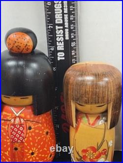 Vintage Japanese Sosaku Kokeshi Doll Lot Set of 3 Signed Wooden Folk Art Craft