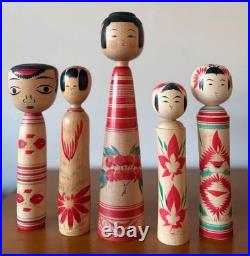 Vintage Kokeshi Dolls Set 5 Sanpei Sato Kakizawa Wood 16-24cm Collectible 15+