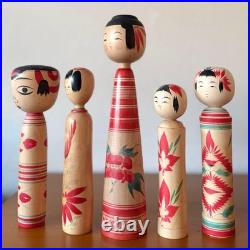 Vintage Kokeshi Dolls Set 5 Sanpei Sato Kakizawa Wood 16-24cm Collectible 15+