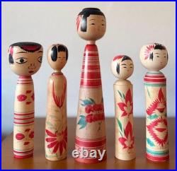 Vintage Kokeshi Dolls Set 5 Sanpei Sato Kakizawa Wood 16-24cm Collectible 15+