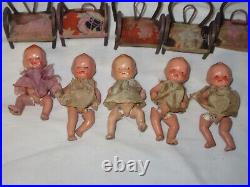 Vintage Lot 5 Quintuplet dolls Marked Japan/ Foreign 1940s With Chairs & box BB11