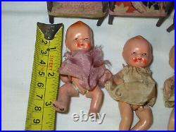 Vintage Lot 5 Quintuplet dolls Marked Japan/ Foreign 1940s With Chairs & box BB11