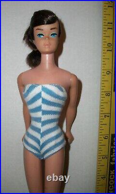 Vintage Mattel Brunette Swirl Ponytail Barbie Doll & Spain Clone Swimsuit 1960s