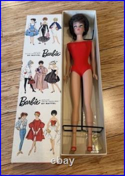 Vintage Mattel Bubble Cut Brunette Barbie With Box Stand & Outfit Red Swimsuit