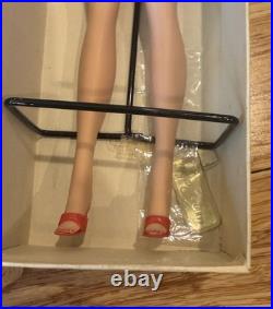 Vintage Mattel Bubble Cut Brunette Barbie With Box Stand & Outfit Red Swimsuit