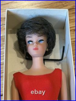Vintage Mattel Bubble Cut Brunette Barbie With Box Stand & Outfit Red Swimsuit