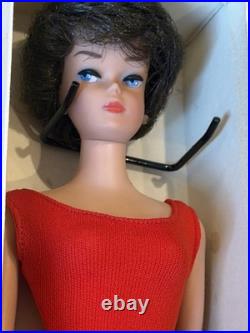 Vintage Mattel Bubble Cut Brunette Barbie With Box Stand & Outfit Red Swimsuit