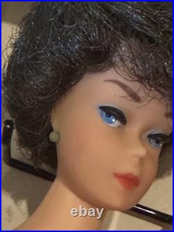 Vintage Mattel Bubble Cut Brunette Barbie With Box Stand & Outfit Red Swimsuit