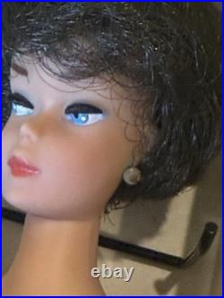 Vintage Mattel Bubble Cut Brunette Barbie With Box Stand & Outfit Red Swimsuit