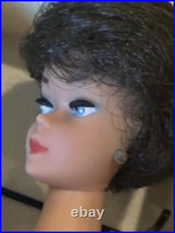 Vintage Mattel Bubble Cut Brunette Barbie With Box Stand & Outfit Red Swimsuit