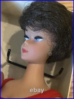 Vintage Mattel Bubble Cut Brunette Barbie With Box Stand & Outfit Red Swimsuit