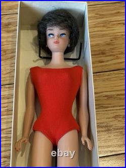 Vintage Mattel Bubble Cut Brunette Barbie With Box Stand & Outfit Red Swimsuit