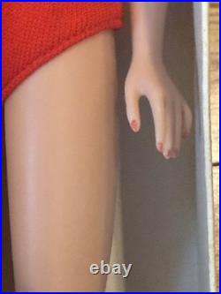 Vintage Mattel Bubble Cut Brunette Barbie With Box Stand & Outfit Red Swimsuit