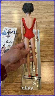 Vintage Mattel Bubble Cut Brunette Barbie With Box Stand & Outfit Red Swimsuit
