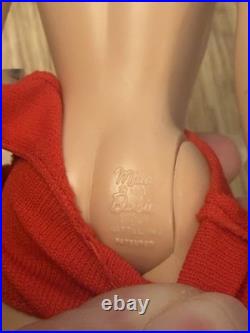 Vintage Mattel Bubble Cut Brunette Barbie With Box Stand & Outfit Red Swimsuit