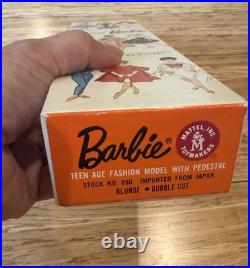 Vintage Mattel Bubble Cut Brunette Barbie With Box Stand & Outfit Red Swimsuit