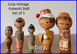 Vintage Mini Kokeshi Set of 5 Japanese Wooden Dolls 7.5-12cm Collectible 15+