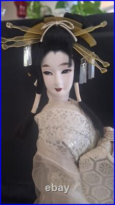 Vintage Nishii Japanese Geisha doll 24 tall on black lacquer wooden base