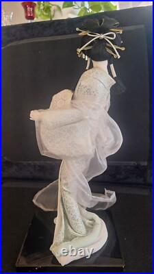 Vintage Nishii Japanese Geisha doll 24 tall on black lacquer wooden base