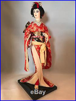 Vintage Pair Hand Made Silk Japanese Samuri Warrior & Geisha 18 Dolls Wood Base