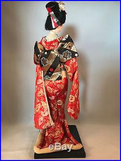 Vintage Pair Hand Made Silk Japanese Samuri Warrior & Geisha 18 Dolls Wood Base