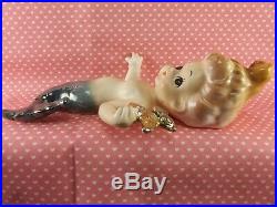 Vintage Rare Doll Like Mermaid Wall Plaque Set Holding Gold Starfish Japan