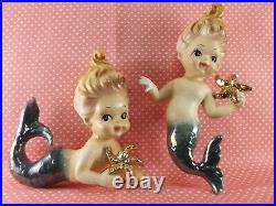 Vintage Rare Doll Like Mermaid Wall Plaques Set Of 2 Holding Gold Starfish Japan