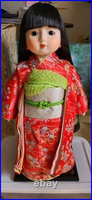 Vintage Sekiguchi Japan Ichimatsu 17 Doll Red Crepe Kimono Glass Eyes Stand-Box
