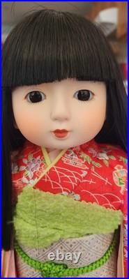 Vintage Sekiguchi Japan Ichimatsu 17 Doll Red Crepe Kimono Glass Eyes Stand-Box