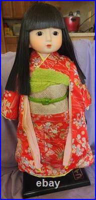 Vintage Sekiguchi Japan Ichimatsu 17 Doll Red Crepe Kimono Glass Eyes Stand-Box