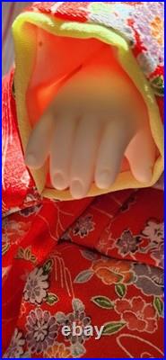 Vintage Sekiguchi Japan Ichimatsu 17 Doll Red Crepe Kimono Glass Eyes Stand-Box