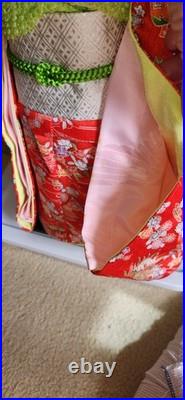 Vintage Sekiguchi Japan Ichimatsu 17 Doll Red Crepe Kimono Glass Eyes Stand-Box