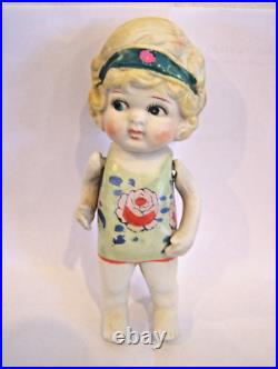 Vintage Signed Bisque Porcelain Kewpie Flapper Style Doll Moveable Arms Japan