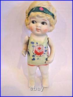 Vintage Signed Bisque Porcelain Kewpie Flapper Style Doll Moveable Arms Japan