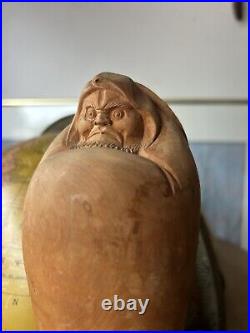 Vintage japanese carved wood Daruma figure Kanji Signed