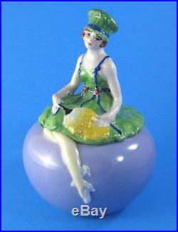 Vtg Art Deco Flapper Lady Powder Jar Dresser Box Half Doll Purple Green TA Japan