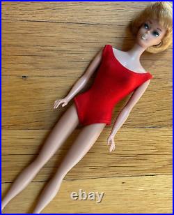 Vtg Barbie bubble cut DOLL ginger blonde light white lips red swimsuit 850 1961