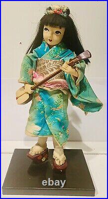 Vtg Japanese Maiko Geisha Doll WithShamisen, 14 in, Handcrafted, Rare Down Hair