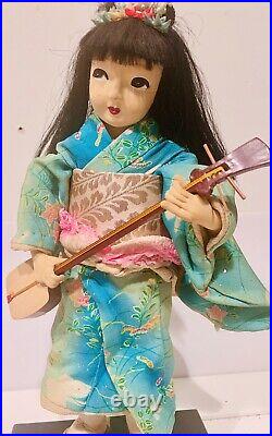 Vtg Japanese Maiko Geisha Doll WithShamisen, 14 in, Handcrafted, Rare Down Hair