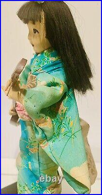 Vtg Japanese Maiko Geisha Doll WithShamisen, 14 in, Handcrafted, Rare Down Hair