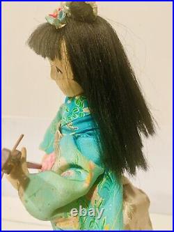 Vtg Japanese Maiko Geisha Doll WithShamisen, 14 in, Handcrafted, Rare Down Hair