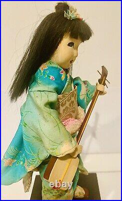 Vtg Japanese Maiko Geisha Doll WithShamisen, 14 in, Handcrafted, Rare Down Hair