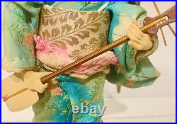 Vtg Japanese Maiko Geisha Doll WithShamisen, 14 in, Handcrafted, Rare Down Hair