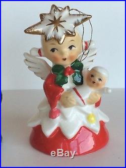 Vtg Napco Christmas angel bell ornaments Candy cane doll Stars on head Japan