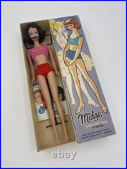 Vtg Orig 1962 Mattel Midge Barbie Doll/box/brunette/pink-red Swimsuit/stand/book